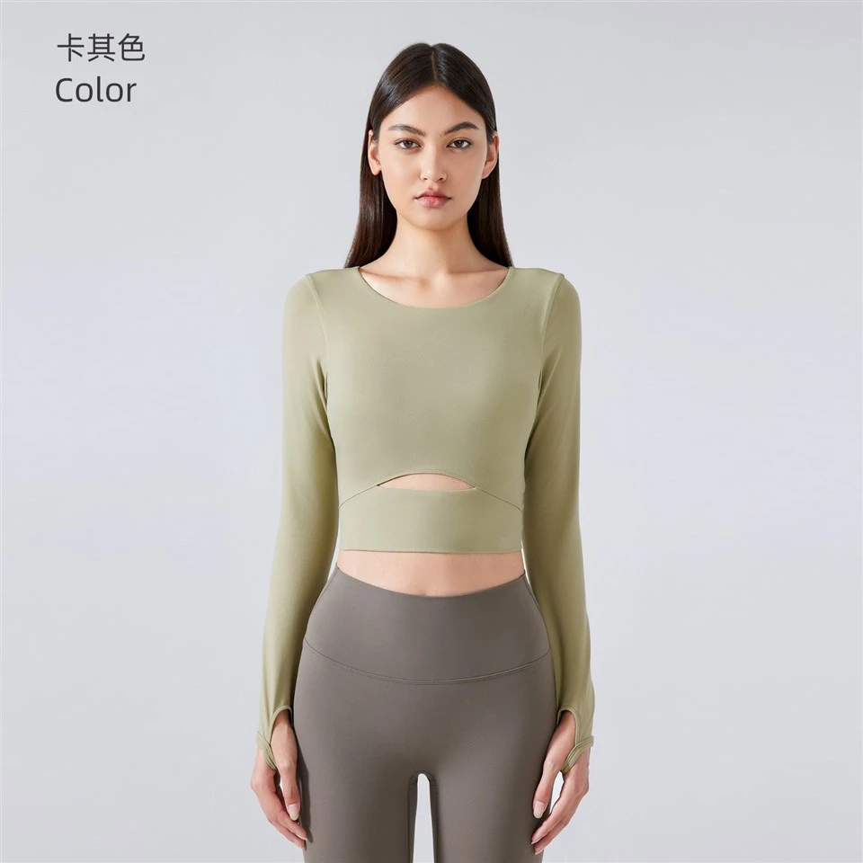 Women's New Long Sleeve Sports Top With Built-In Bra Short Length Slim Fit Yoga Shirt