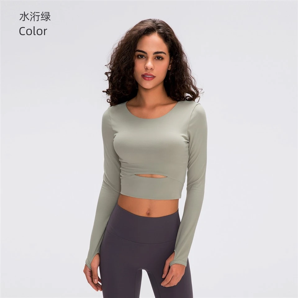 Women's New Long Sleeve Sports Top With Built-In Bra Short Length Slim Fit Yoga Shirt